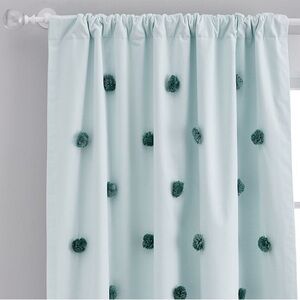 Pottery Barn Kids Light Blue Curtains with Dark Green Pom Poms